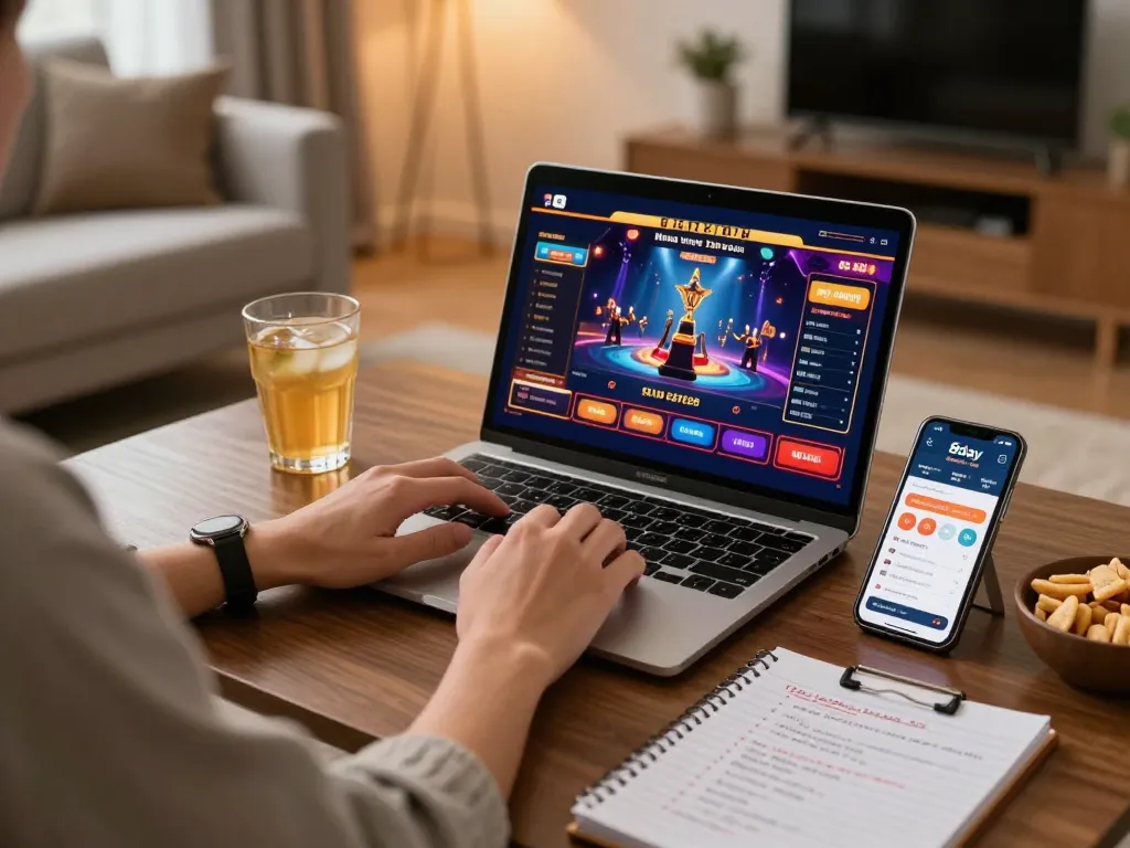 Engaging with the 8day app on a laptop, showcasing a cozy online casino atmosphere while strategizing.