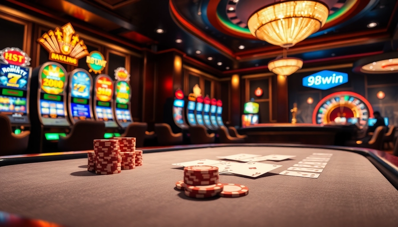 Experience the thrill of winning at the 98win poker table with vibrant chips and cards.