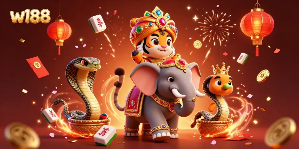 Experience the dynamic world of w188 with an energetic celebration of colors, characters, and casino elements.