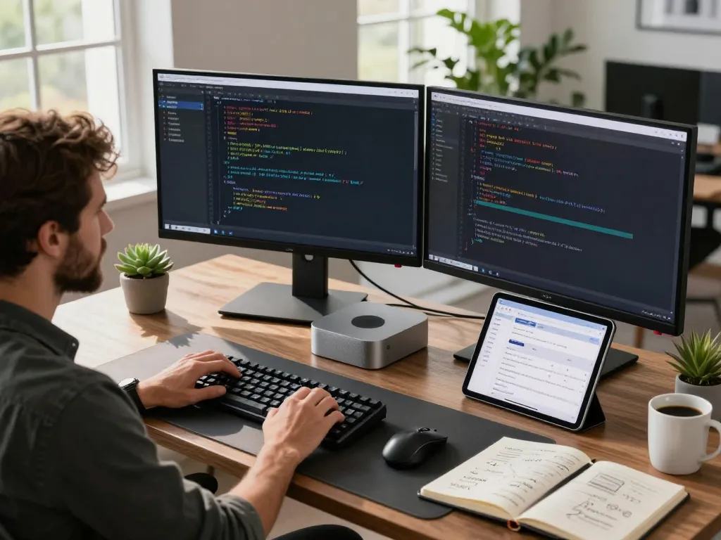 Developer coding on dual monitors in a modern workspace featuring a mac mini setup, with sunlight and tech gadgets.