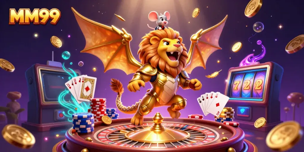 Engage with exciting games at MM99 with 3D golden chimera and casino elements in a vibrant illustration.