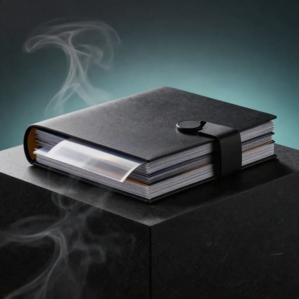 Dark premium trend intelligence folio with modular sleeves and alert puck on a stone plinth.