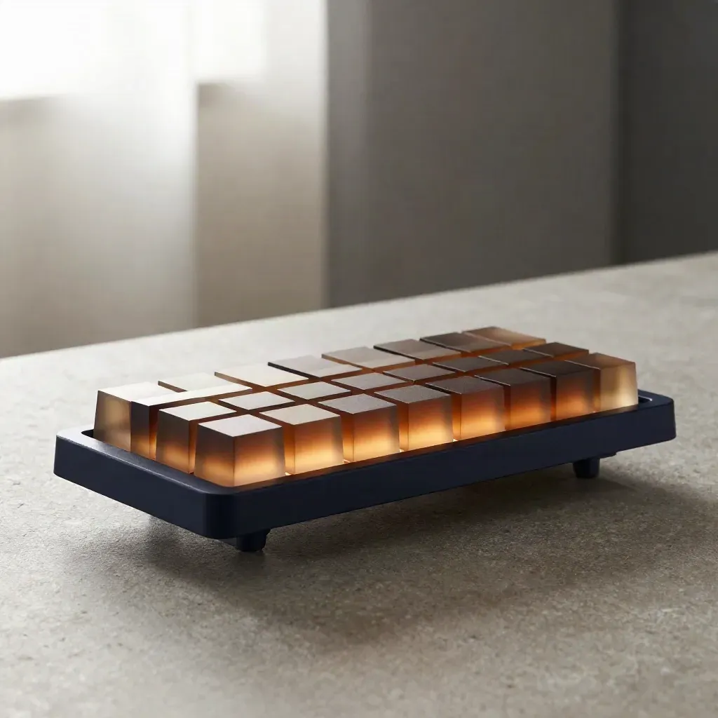 Heat-map tray with translucent blocks, amber diffuser disk, and navy rail on stone.