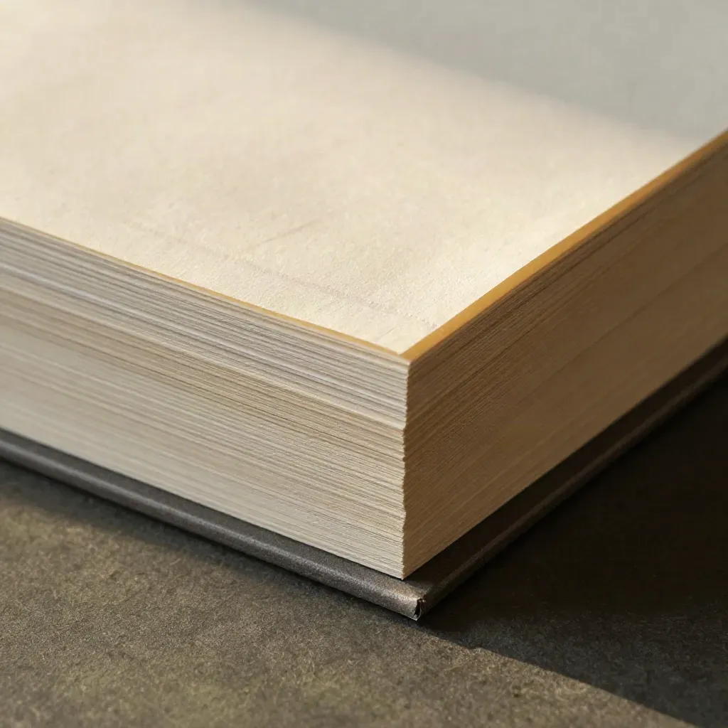 Macro of layered paper briefs on a dark base with a rim-lit edge and textured fibres.