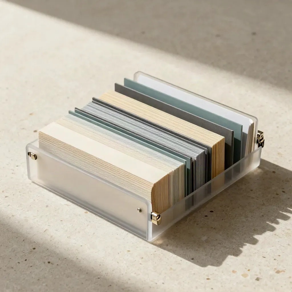 Top-down flat lay of a translucent trend kit case with modular tabs and a compact stack on pale stone.
