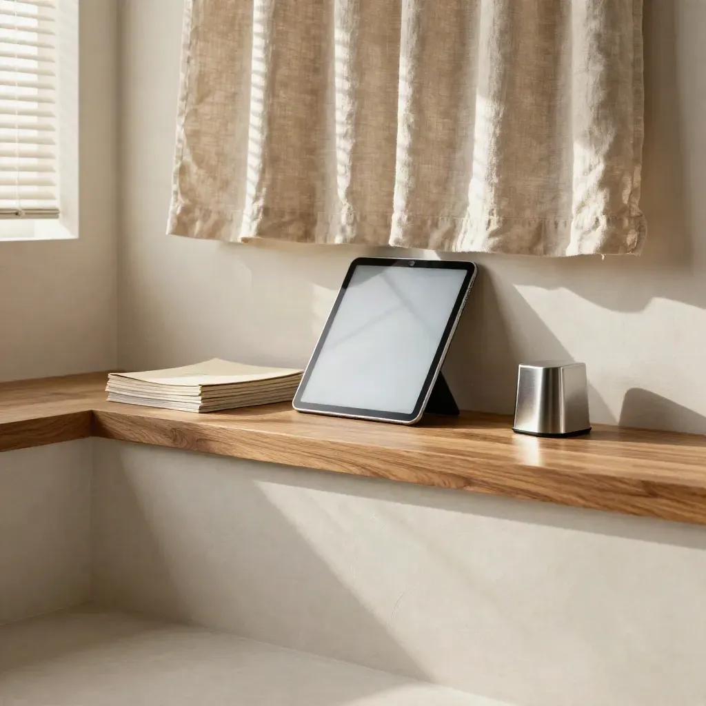 Sunlit plaster nook with oak plinths, linen drape, and soft analytics objects in the upper frame.