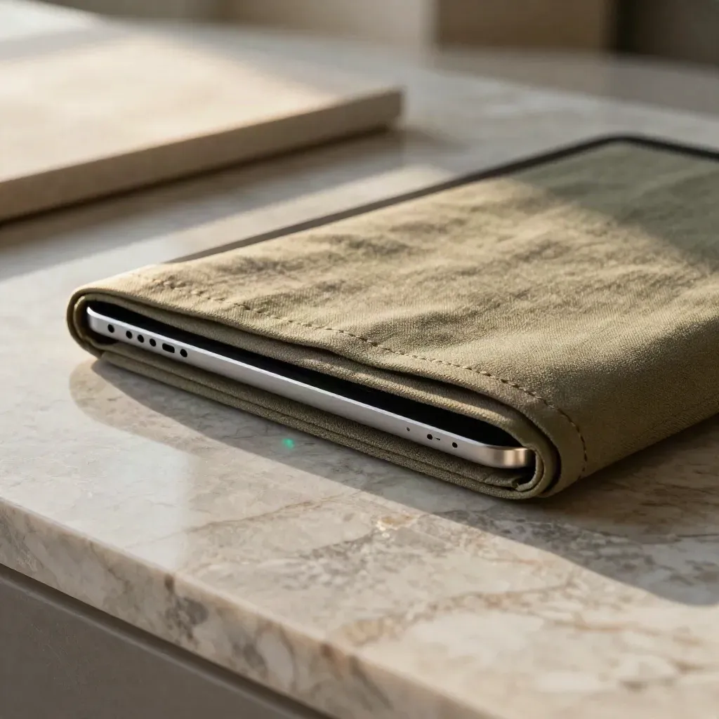 Honed marble surface with linen ridge, soft stone ledge and a sleek analytics tablet in warm afternoon light.