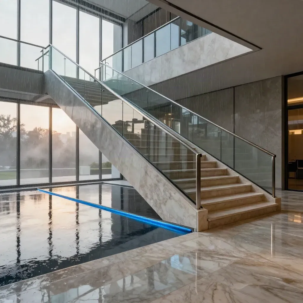 Rain-bright atrium stairs, reflective stone floor, and faint electric-blue twilight reflections