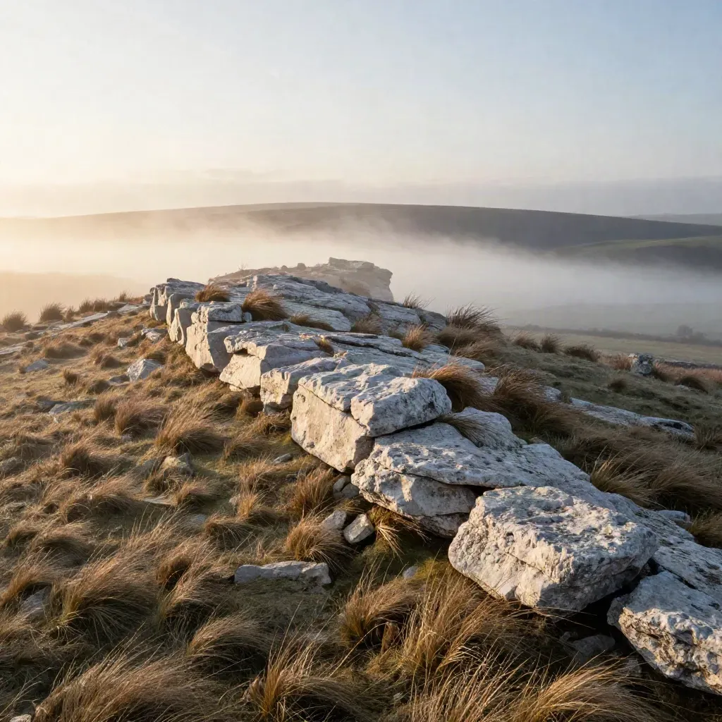 Misty chalk hillside at sunrise with grasses, fog, and open space below.