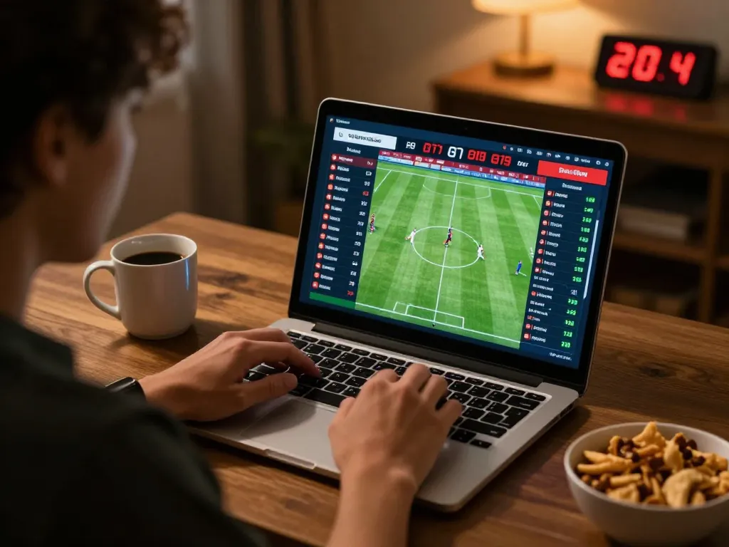 Engaged gambler analyzing tr88 live betting odds on laptop screen in a cozy home office.