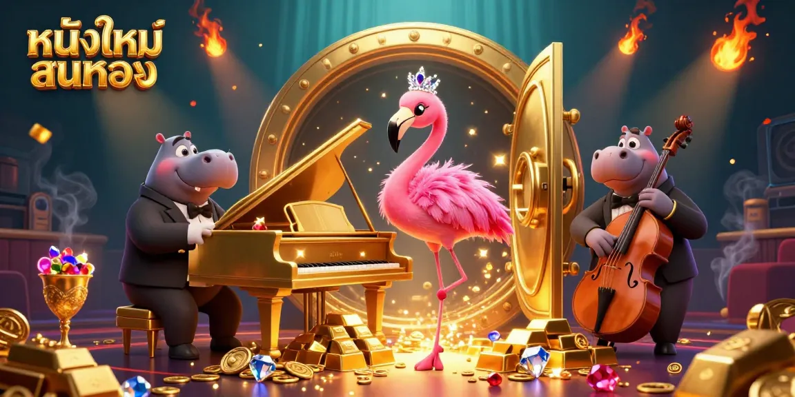 Engaging casino show featuring flamingo singer and hippo bassist amidst golden treasure in หนังใหม่ชนโรง.