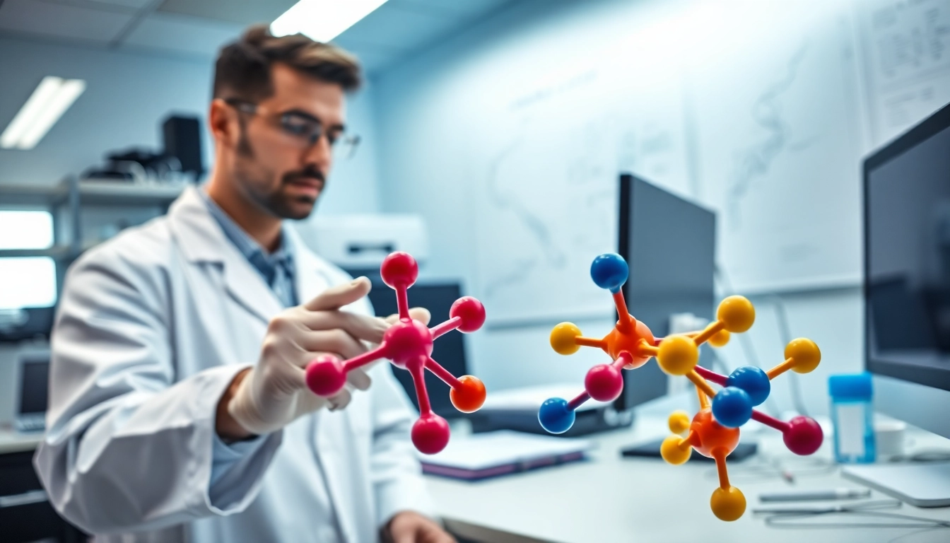 Researcher examining Retatrutide's chemical structure in a professional lab environment.