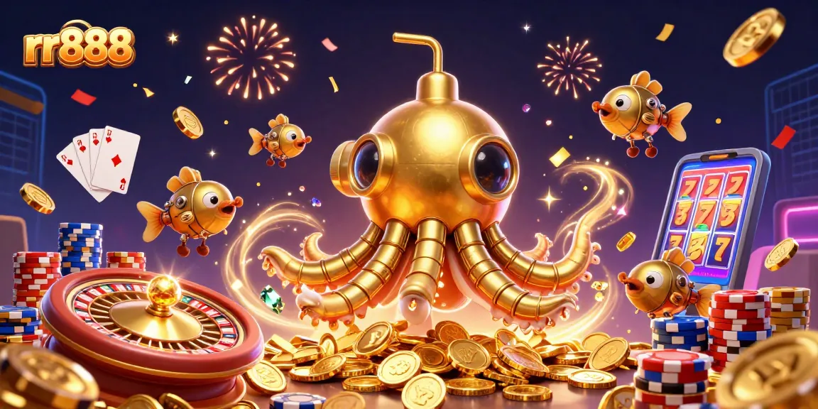 Experience winning with rr888 in this vibrant online casino illustration featuring gold coins and jackpot excitement.