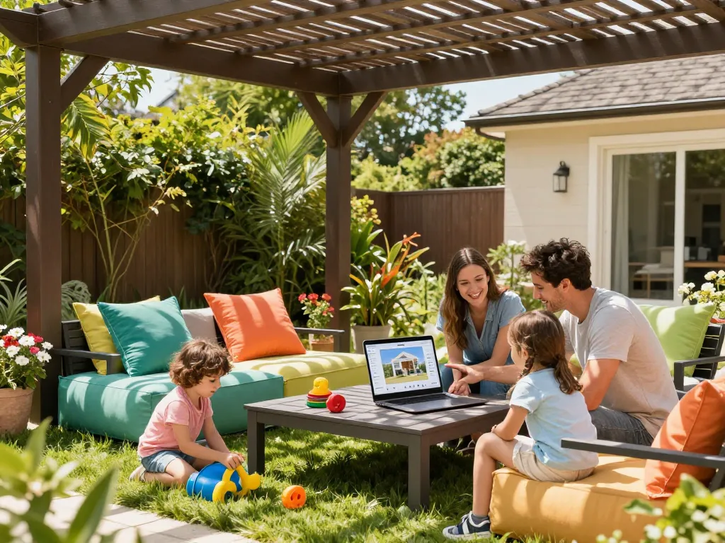 Family using a pergola configurator on a laptop to design their dream outdoor space