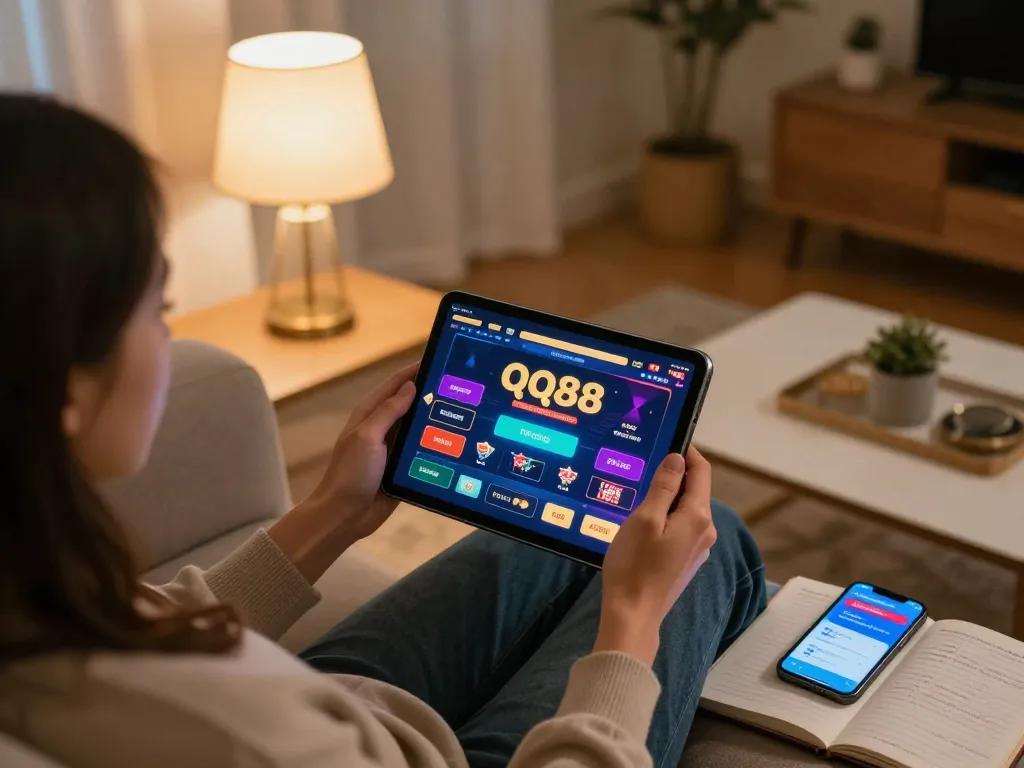 Player exploring qq88 gaming on tablet at home, showcasing modern online gambling setup.