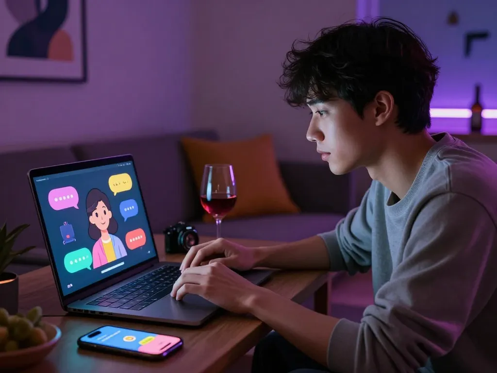 Engaging in NSFW AI chat with an intimate companion in a cozy, modern setting, showcasing vibrant chat visuals and relaxed atmosphere.