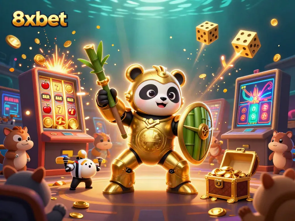 Experience thrilling gameplay and big wins with 8xbet's colorful casino illustration filled with slots, characters, and excitement.