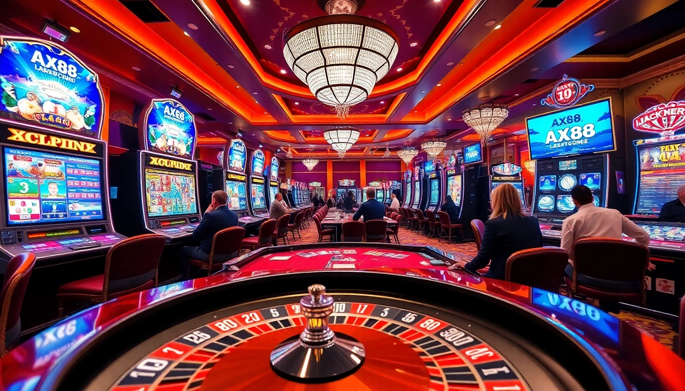AX88 gaming excitement with vibrant slot machines and players at a luxurious casino.