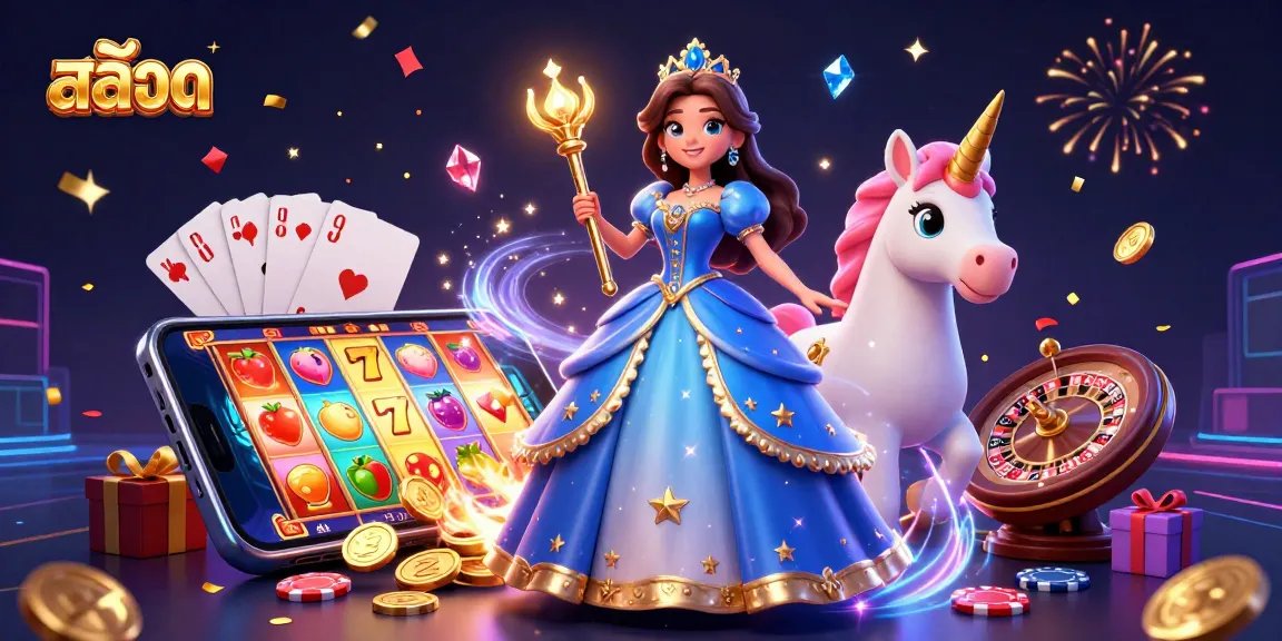 Experience the thrill of สล็อต with an enchanting 3D scene featuring magical characters and casino elements.