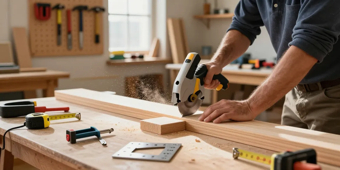 Skilled carpenter using a hand mitre saw for precise woodcuts in a well-organized workshop.