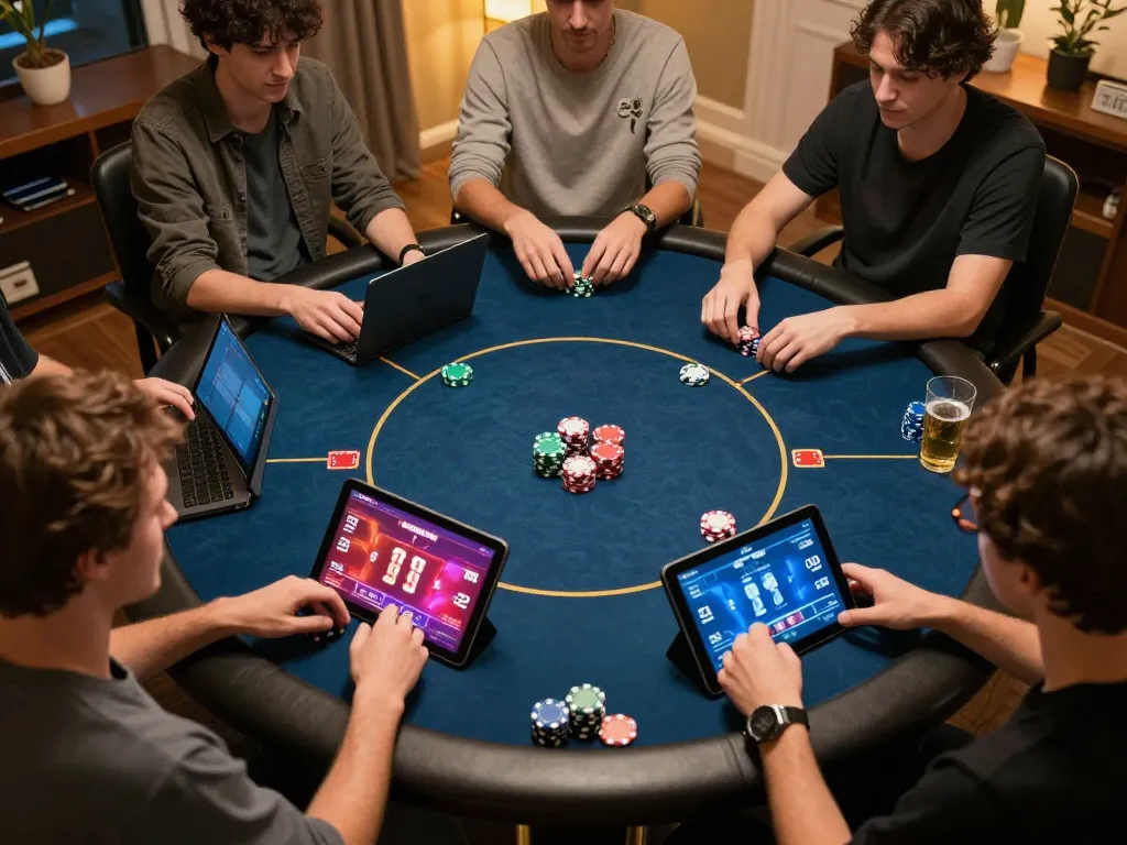 Players strategizing in an engaging online poker game at home, showcasing the excitement of ATQ af88.