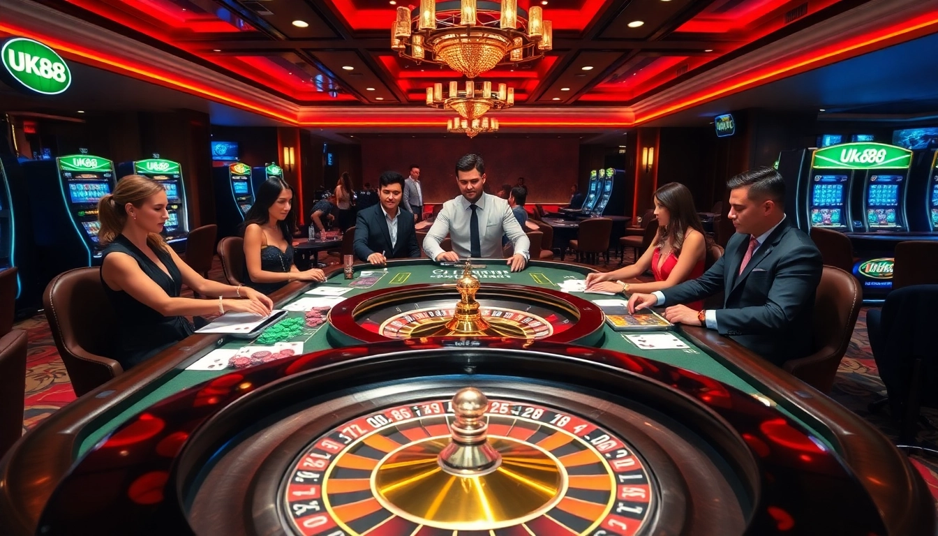 Players enjoying high-stakes action at the UK88 casino, featuring vibrant chips and luxurious tables.