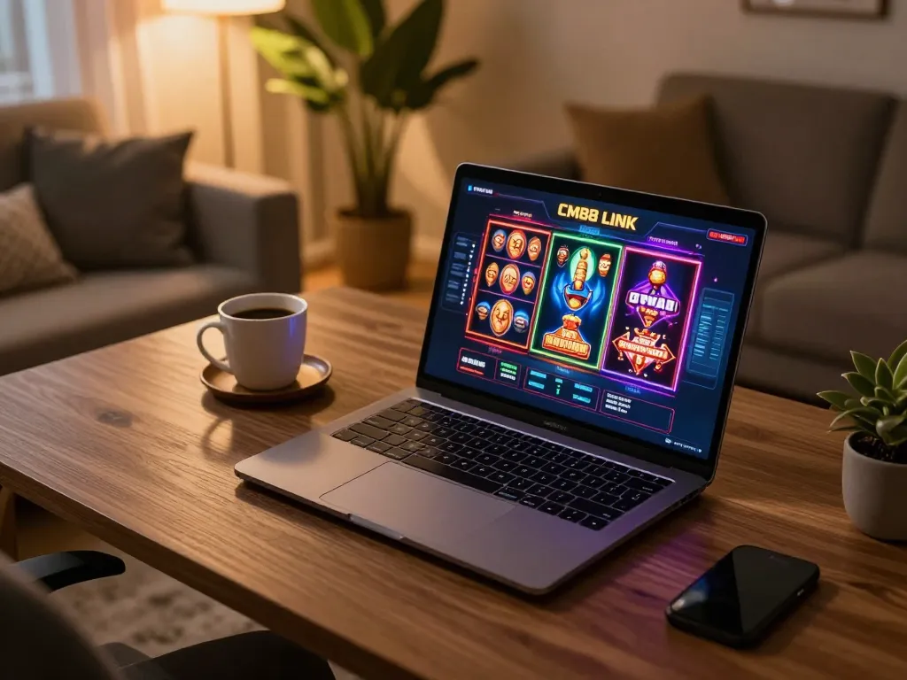 Person engaging with a dynamic CM88 LINK online casino interface on a laptop at home.