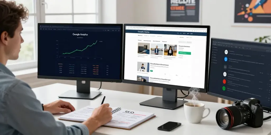 Digital marketing workspace showcasing instant indexing strategies with performance metrics on screen.
