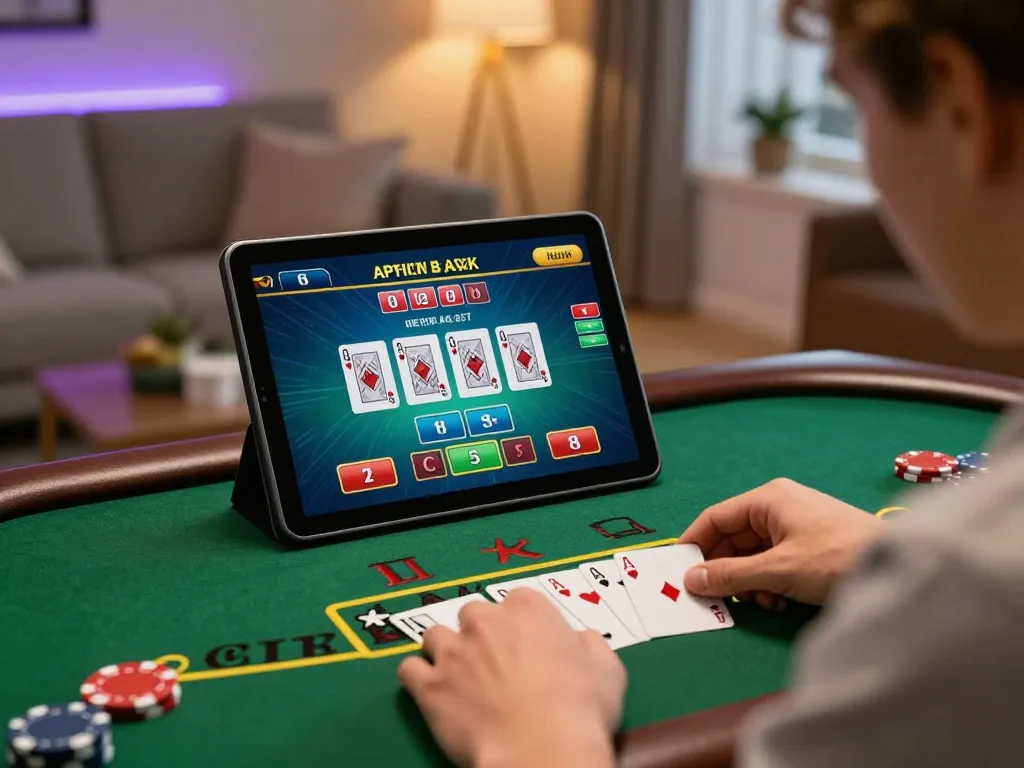 Kuwin user playing live dealer blackjack on tablet in cozy home setting.