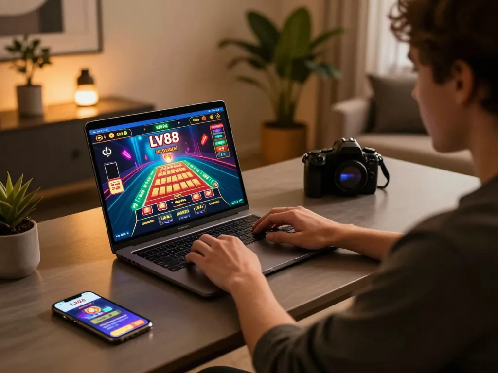 Playing LV88 casino games on a stylish home setup, showcasing strategic engagement in online gambling