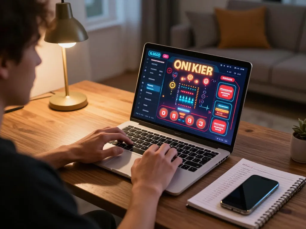 Player engaged in online gambling at home using FLY88 casino app on laptop