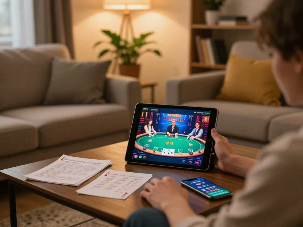 Engaged user playing poker on SC88 mobile app from a comfortable home setting, displaying strong strategic focus.