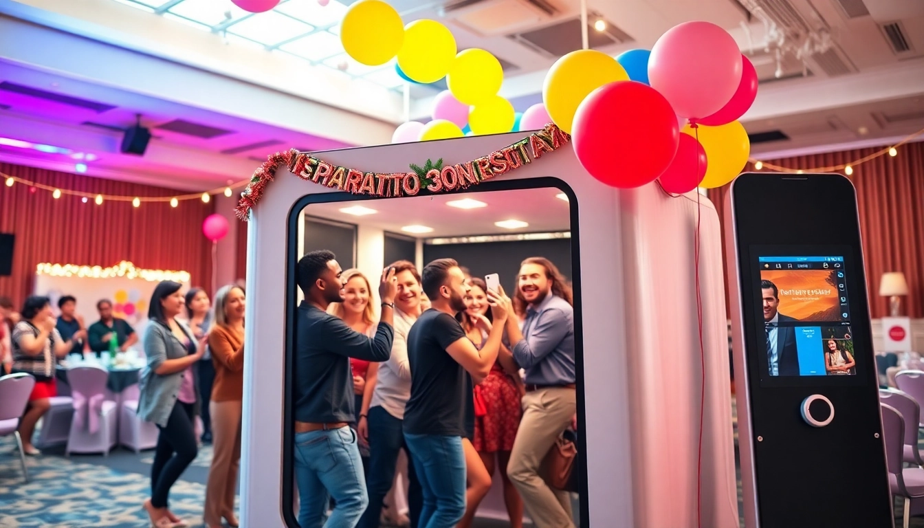 Guests enjoying a photo booth rental experience at a lively party with vibrant decorations.