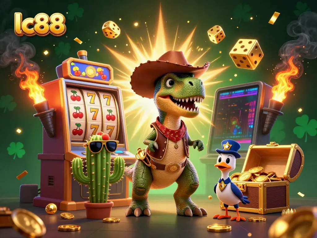 Spin to win with lc88 characters celebrating a jackpot in a colorful casino scene.