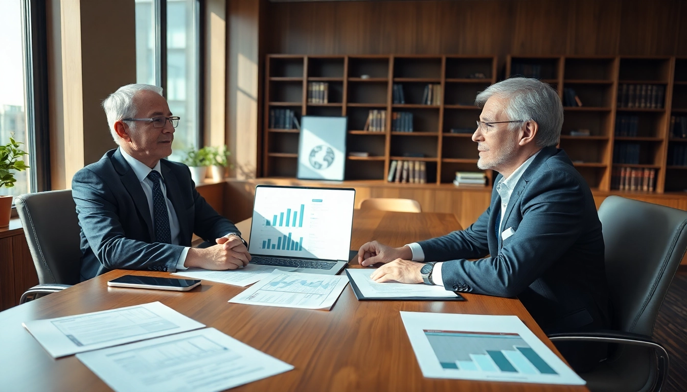 Business lawyer in the US consulting with a client in a modern office setting.