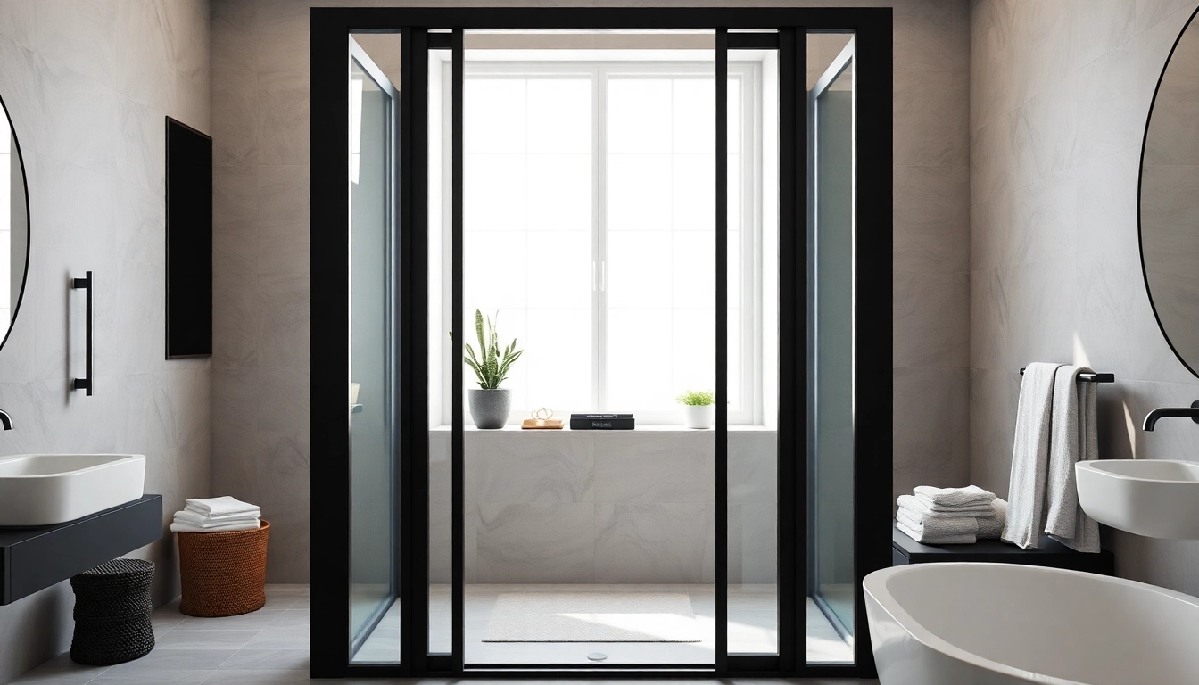 Stylish bathroom featuring a black shower door, blending elegance and modern design.