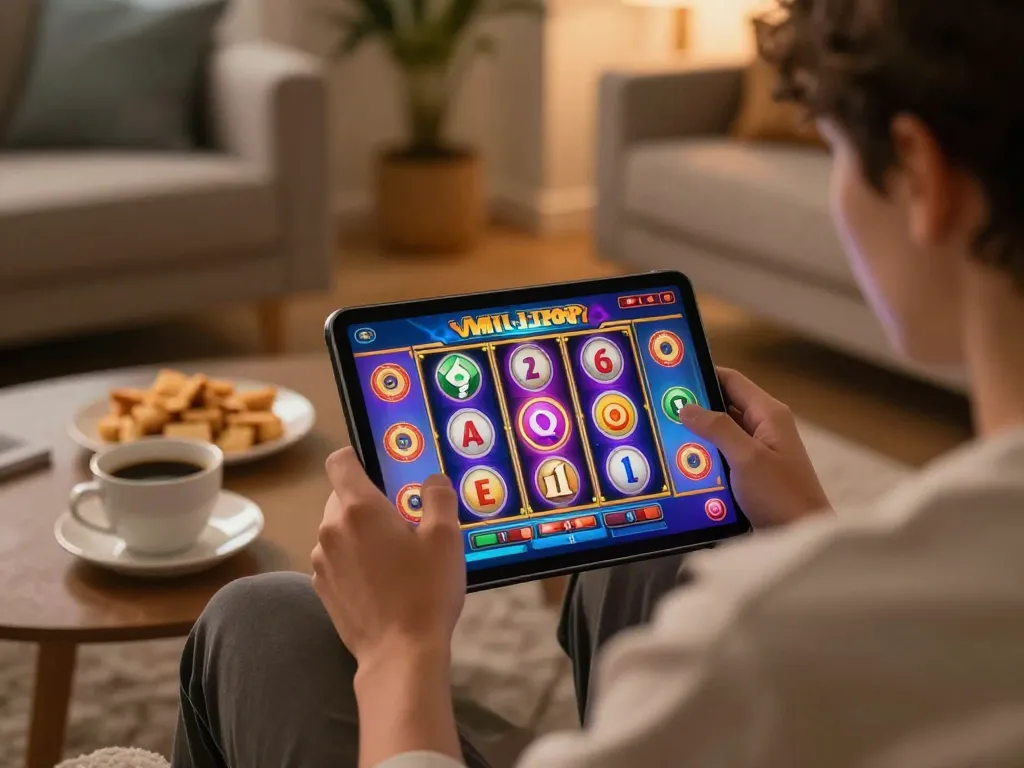 Engaging in slot games at home with LC88 LINK on tablet, showcasing vibrant graphics.