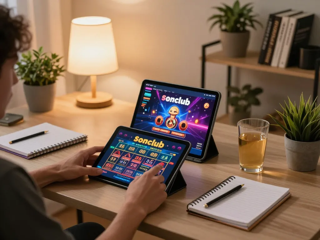 Gambling enthusiast enjoying a poker game on Sonclub at home with tablet and strategy notes.