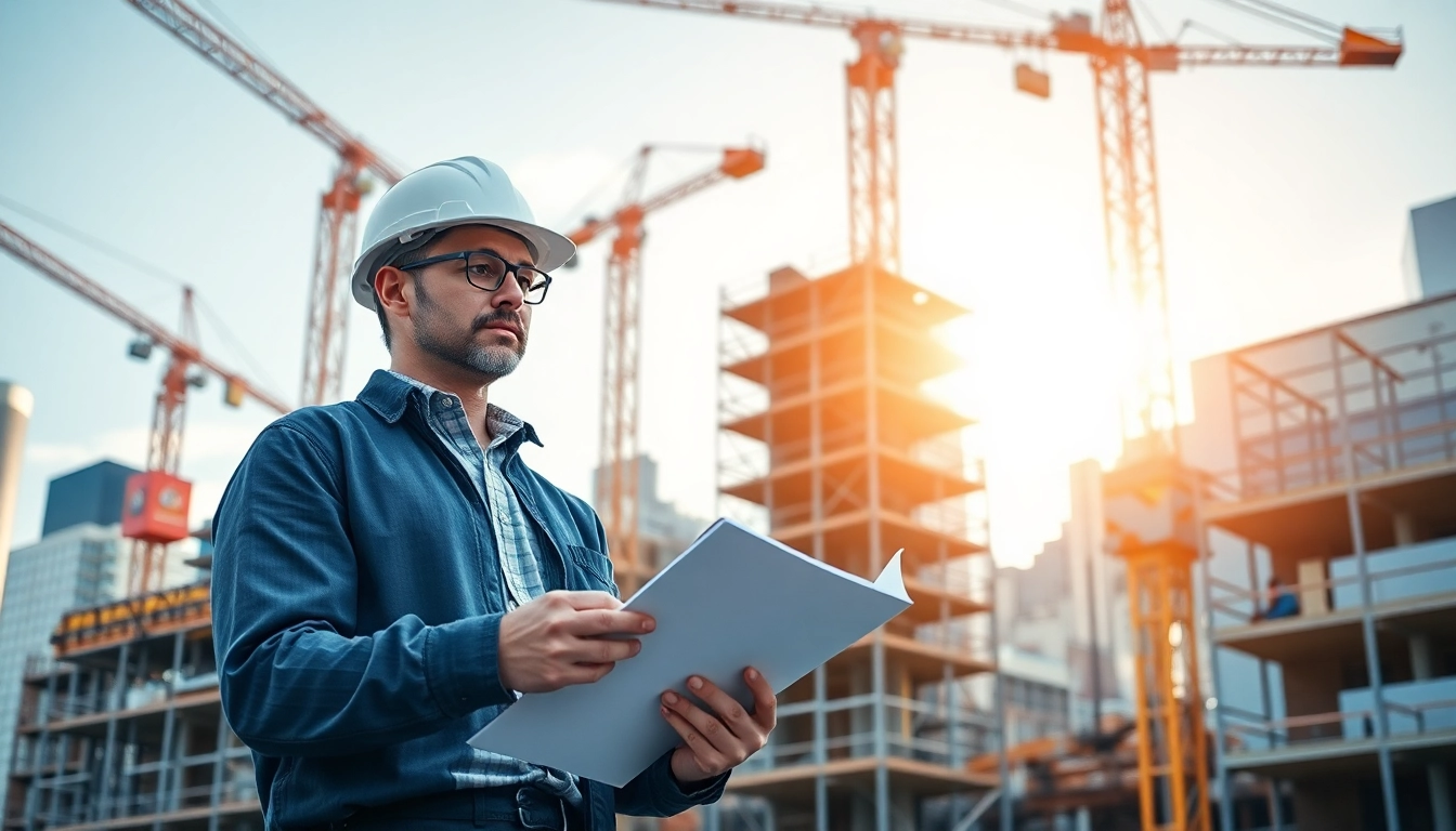 Manhattan Construction Manager analyzing project plans on-site, showcasing dynamic construction activity.