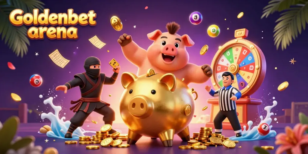 Engage in vibrant gaming with the Goldenbet arena illustration showcasing exciting gambling elements.