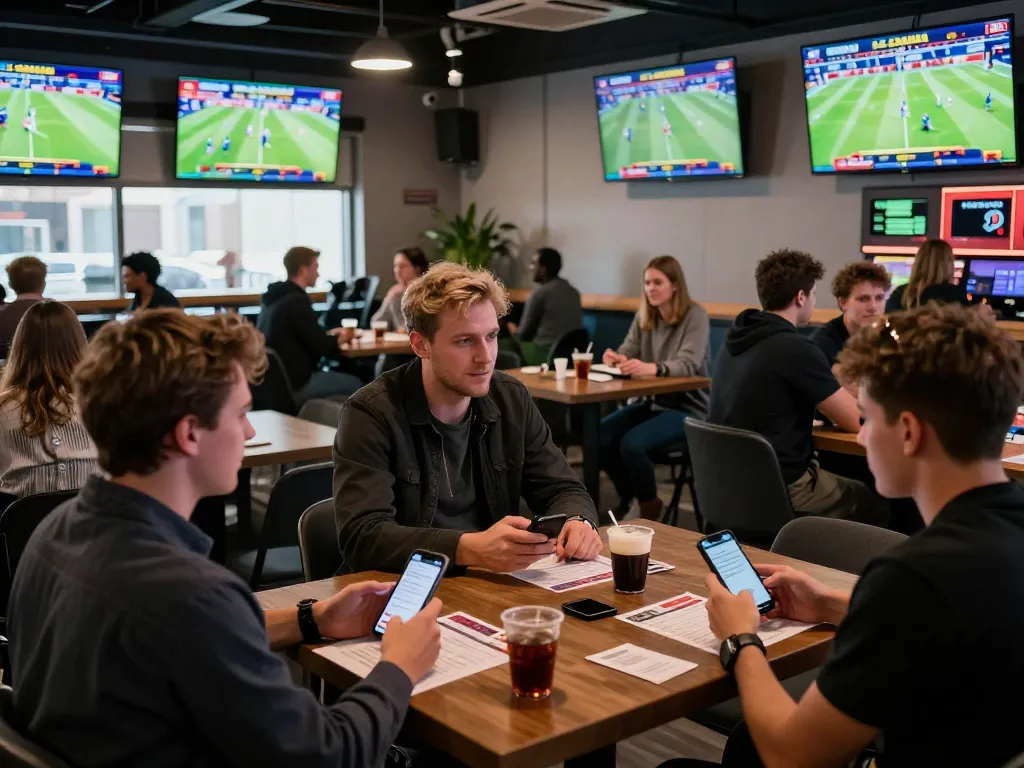 Fans engaged in kèo nhà cái betting during live sports events in a lively lounge atmosphere