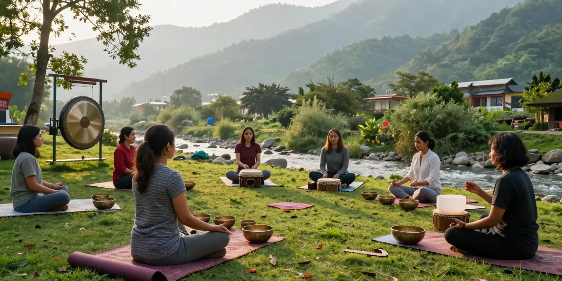 Participants learning in a sound healing course in Rishikesh India amidst tranquil nature at Adhiroha Ashram.