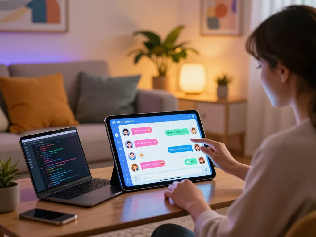 User interacting with crush on ai chatbot in modern home, showcasing vibrant character avatars on tablet screen.