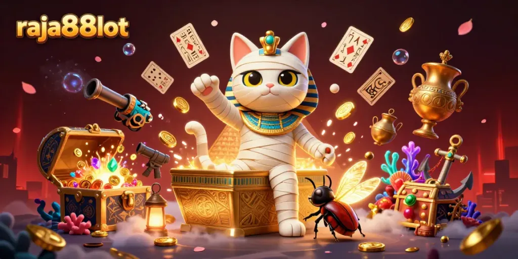 Experience thrilling action with raja88slot, featuring a mummy cat and jewel-filled treasure in a dynamic casino scene.