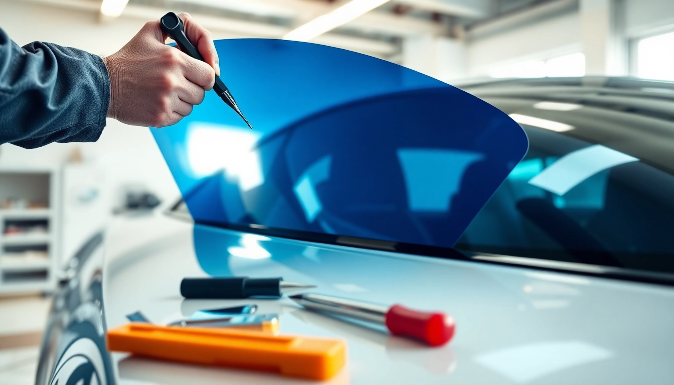 Apply auto window tint near me in a professional garage setting, showcasing quality service on a vehicle.