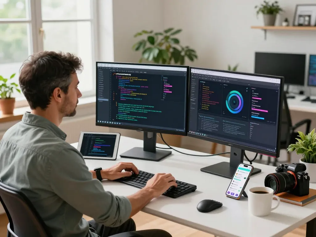 Developer using Open Claw AI in a modern workspace with dynamic code and tech gadgets, enhancing productivity.