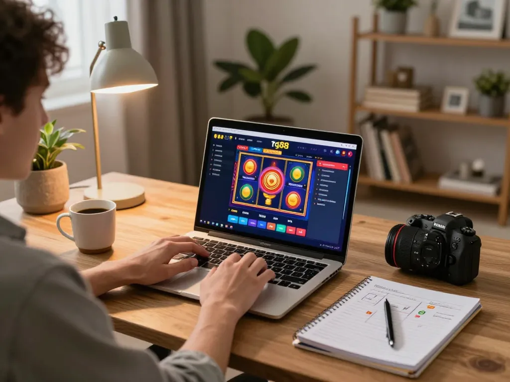 Engaging online gaming at home using tg88 platform with cozy decor and laptop display