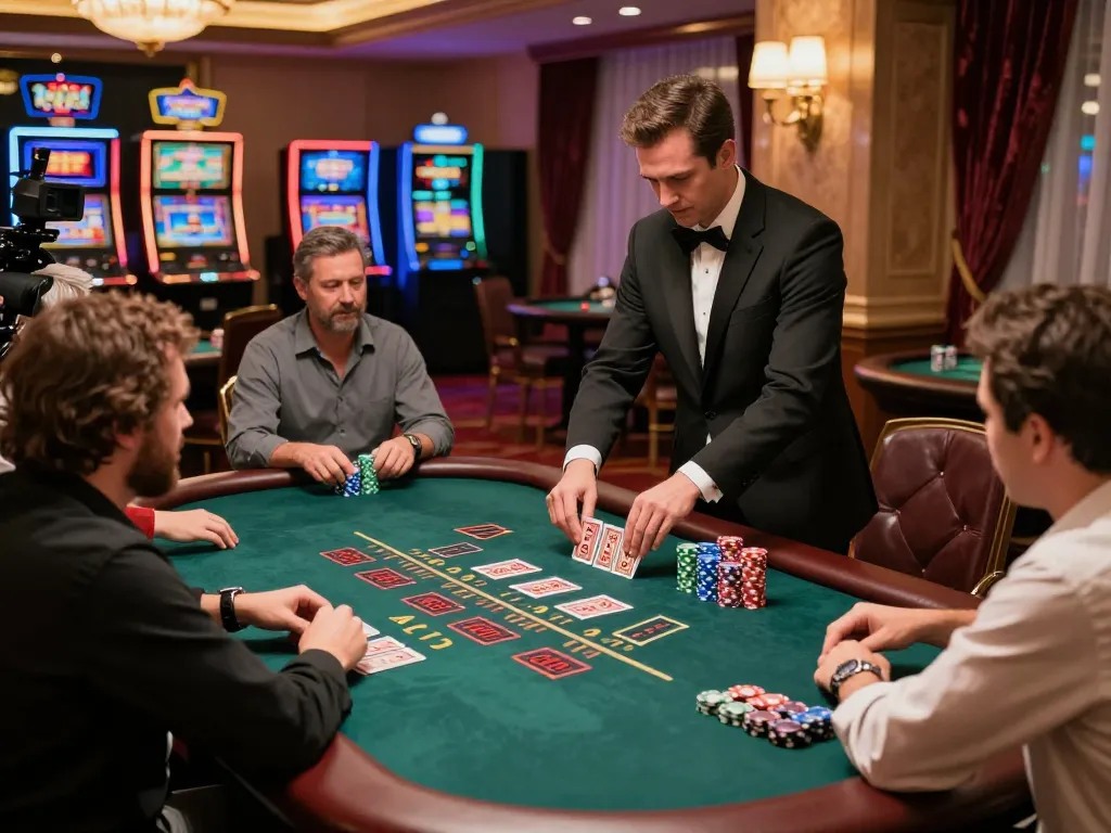 Crown88 players enjoying an exciting blackjack game with dealer and vibrant casino ambiance