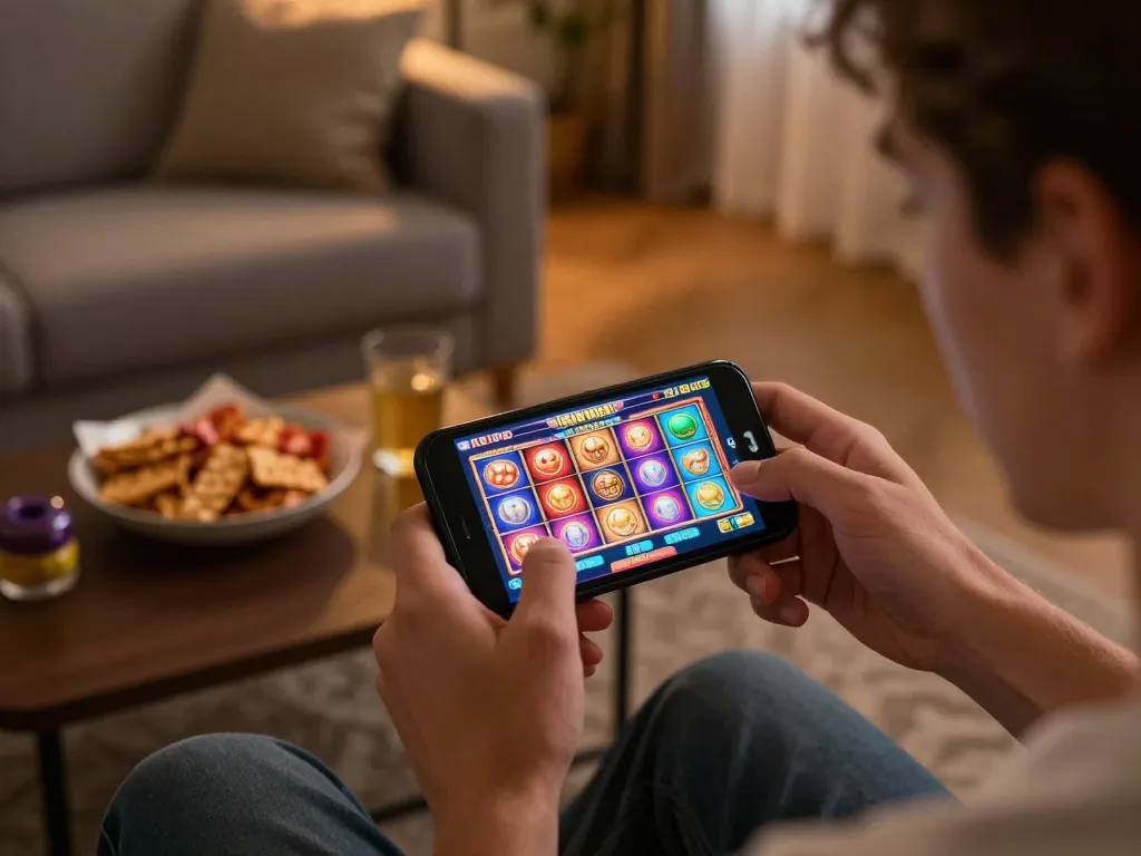 Engaging mobile gaming experience at J188 đăng nhập, showcasing a player interacting with vibrant online casino games on their smartphone.