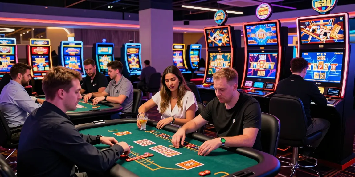 Players enjoying various games at non UK casinos with vibrant lights and interactive tables.